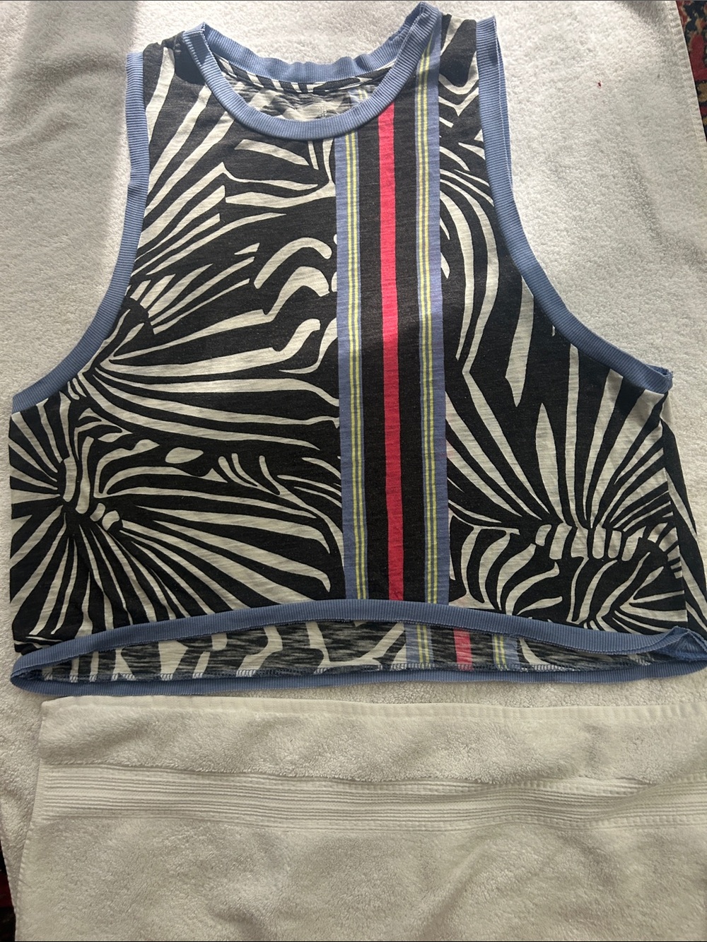 Striped Zebra Print Crop Tank Top with Contrast Trim Blue/Black/White Love Tank
